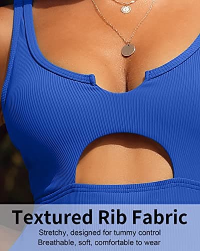 Charmo Ribbed One Piece Swimsuit for Women Cutout High Waist Bathing Suits Slimming 1 Piece Swimwear Royal Blue XS - Thumbnail 5