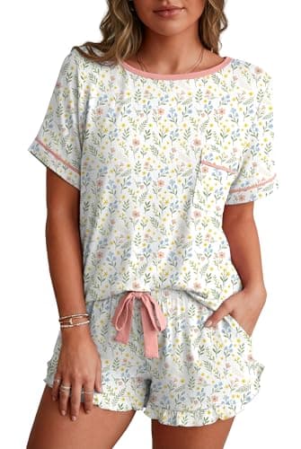 PrinStory Womens Pajama Set 2 Piece Short Sleeve Top and Shorts Pjs Cute Lightweight Pj Sets Soft Lounge Set with Pockets FP-WH Colorful Flower-XL - Image 1