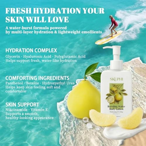 SKUPHI Soothing Body Lotion, Fast Absorbing Water-Burst Moisturizer for Dry Skin, Non-Greasy Hydrating Lotion with Hyaluronic Acid, Glycerin, Shea Butter, White Grapefruit Scent, 6.76 Fl Oz - Thumbnail 2