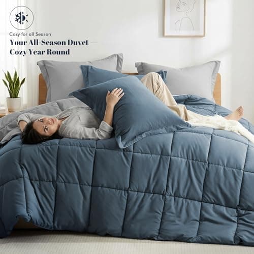PAJEO Twin Down Alternative Comforter,Fluffy & Breathable All Season Comforter, Reversible Colors Twin Duvet Insert for Master Bedroom & Dorm Room Essentials,Dark Blue/Grey - Thumbnail 2