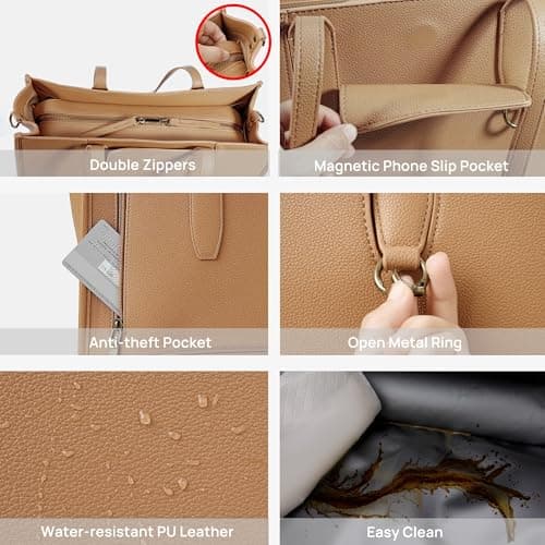 buyborgood Women’s Large leather Work Tote Bag with 14" Laptop Compartment Insulated Lunch Box, Light Brown - Thumbnail 6