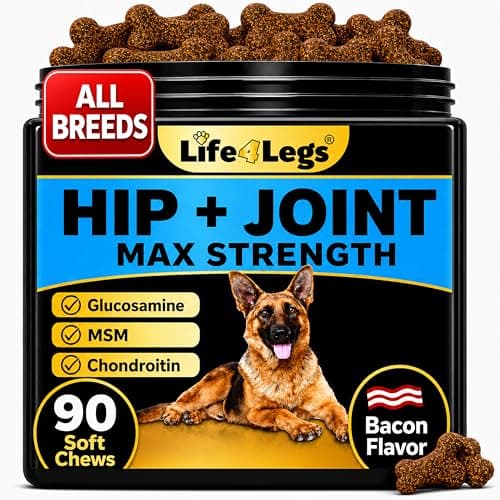 Life4Legs Joint Supplement for Dogs 500mg Glucosamine + 500mg MSM, Eggshell Membrane - Daily Hip and Joint Chews with Chondroitin, Green Lipped Mussel, Bacon Flavor, Non-GMO, 90ct - Image 1