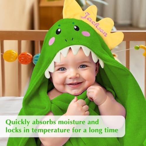 Individz Custom Hooded Bath Towel with Name, Personalized Highly Absorbent Bunny Towels, Baby Bath Towels for Girls Boys, Brithday for Baby, Toddler, Newborn (Green-Dinosaurs) - Thumbnail 6