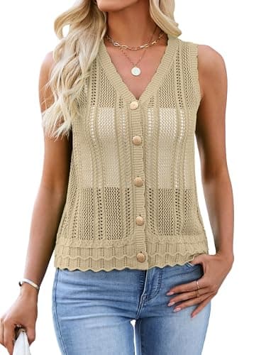 Bellcoco Womens Crochet V Neck Sweater Vest Hollow Out Summer Sleeveless Tops Knit Spring Cardigans Button Down Tank Top Apricot XXL