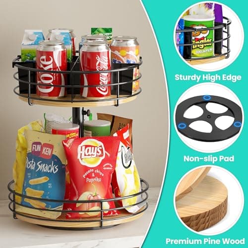 2 Tier Lazy Susan Turntable Organizer Adjustable - 12 Inch Snack Organizer Wood Rotating Spice Rack for Kitchen Countertop Pantry Cupboard Bathroom Coffee Bar Home Storage, Black - Thumbnail 4