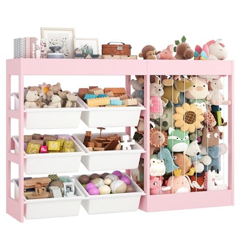 TidyplayCo 50.6" W x 39.4"H Toy Storage, Large Kids Toy Organizer with 153L Stuffed Animal Zoo, 6 Removable Plastic Bins and Open Top Shelf, Wooden Toddler Cabinet for Girls Boys Playroom, Nursery - Image 1