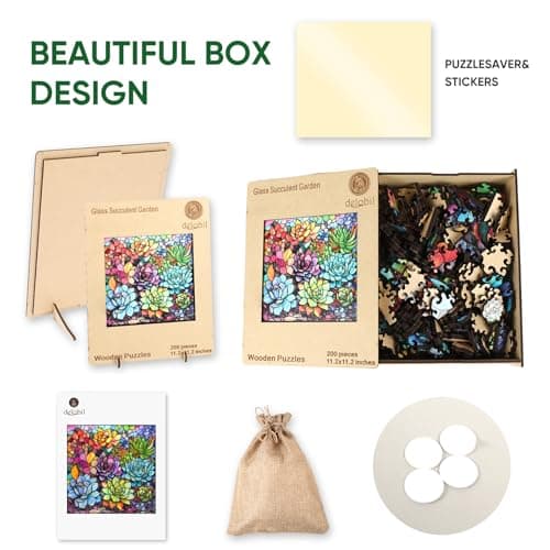 Delobi Stained Glass Puzzle Succulent Wooden Puzzles for Adults 200 Pieces, Unique Challenging Jigsaw Puzzles Gift for Friends Family Game Medium Size 11.2'' x11.2'' - Thumbnail 6