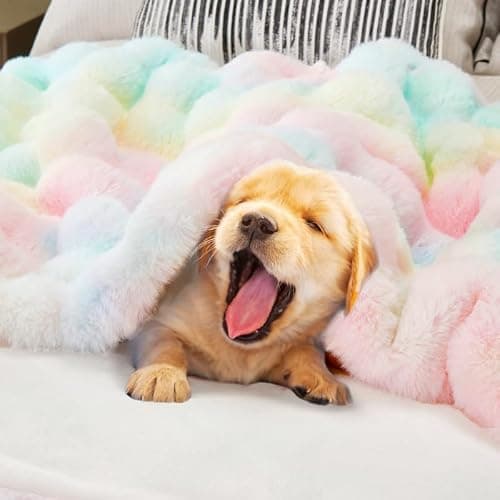 DREAMNINE Soft Faux Bubble Rabbit Fur Throw Blanket for Couch, Thick Cozy Decorative Colorful Warm Fuzzy Fur Blanket for Sofa Chair Bedroom Living Room Dorm Women Gift, 50 * 60 Inches, Rainbow - Thumbnail 6