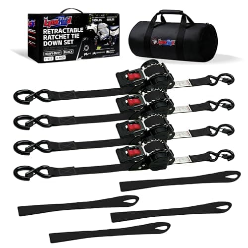 Retractable Ratchet Straps (4-Pack) - Heavy Duty Auto Slow Retraction Tie Down Straps - 1 Inch x 13 Feet (1,800lb Break Strength) for Truck, Cargo Trailer, Motorcycle, ATV, UTV - Black