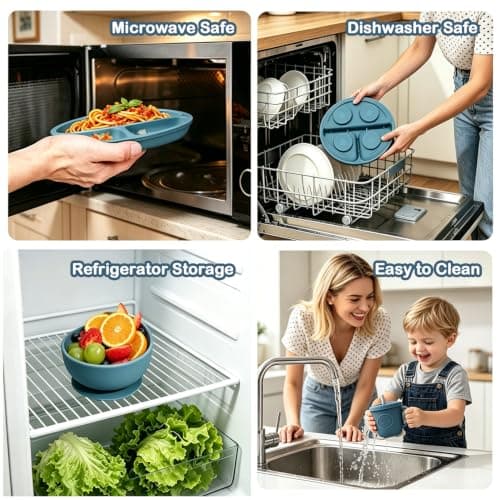Baby Led Weaning Supplies, 8 Piece BPA-Free Silicone Feeding Set, Silicone Suction Bowl, Forks & Spoons, Bib & Cup, Develops Self Feeding Skills, Dishwasher Safe, for 6+ Months (Blue) - Thumbnail 4