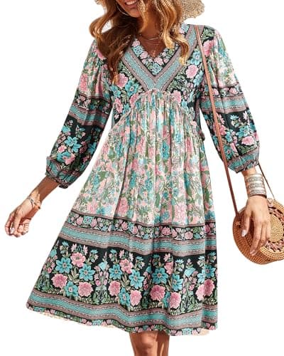 BTFBM Womens Summer Dresses 2026 Casual V Neck 3/4 Long Sleeve Ruffle Floral Flowy Boho Babydoll Mini Spring Beach Dress(Floral Apricot, Small) - Image 1