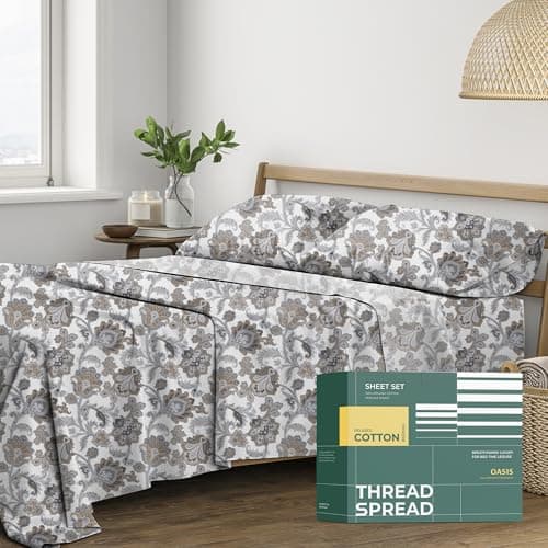 THREAD SPREAD 100% Organic Cotton Sheets King Size - Organic Cotton Percale Weave Sheet Set (4 PC, Floral Ivory), Soft, Cooling, Crisp & Breathable, 16" Deep Pocket Hotel Quality Bedding Set