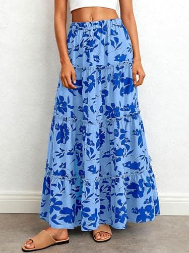 BTFBM Floral Maxi Skirts for Women Summer Spring 2026 Elastic Waist Tiered Flowy Beach Vacation Boho Midi Long Skirt(Floral Blue, X-Large) - Thumbnail 2
