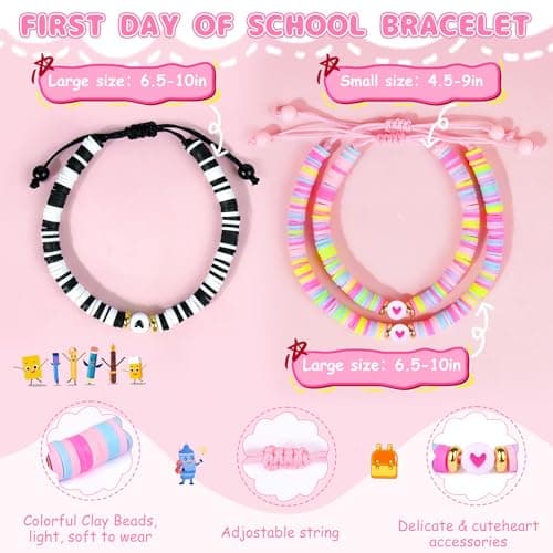 First Day of School Mommy and Me Matching Bracelets Kindergarten Pre-K Back to School Clay Bead Jewelry for Mother, Daughter, Dad, Son Adjustable Heart Bracelets Gift (Pink-First Day of Kindergarten) - Thumbnail 2
