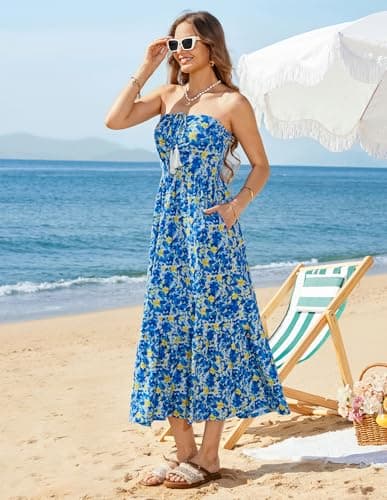 GRACE KARIN Summer Maxi Dresses for Women 2026 Floral Strapless Tube Top Boho Dress Flowy Beach Vacation Clothes with Pockets Blue Yellow XL - Thumbnail 3