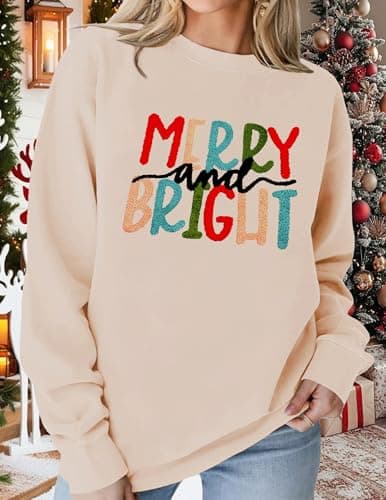 LETSEE Cute Christmas Sweatshirts for Women Merry And Bright Graphic Soft Fleece Plus Size Pullover Sweaters Winter Clothes, Apricot, XX-Large - Thumbnail 3