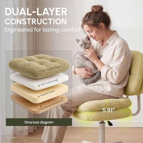 Vanity Chair with Wheels, Double-Layered Thickened Cushion Makeup Chair with High Backrest, Armless Swivel Ergonomic Comfy Desk Chair for Home Office, Adjustable Height for Bar Counter-Light Green - Thumbnail 4