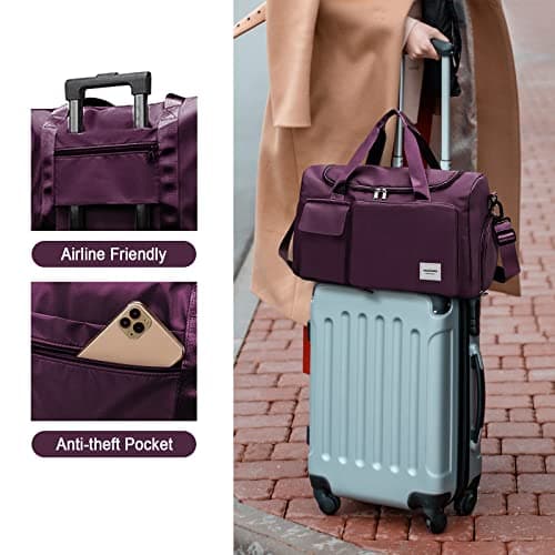 WOOMADA Foldable Travel Duffel Bag with Shoes Compartment, Overnight Bag with Wet Pocket & Trolley Sleeve, Weekender Bags for Women (purple) - Thumbnail 6