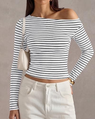 PRETTYGARDEN Womens Tops 2026 Fall Off The Shoulder Long Sleeve Shirts Striped Fitted Y2K T-Shirt Going Out Crop Top(Striped White Black,XX-Large) - Thumbnail 2