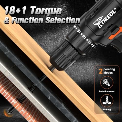 Tikeol 12V Cordless Drill Set, Lightweight Power Drill Driver with 3/8" Keyless Chuck, 2 Variable Speed Settings, 18+1 Position, Built-in LED Light, Mini drill for Home DIY, Furniture Assembly - Thumbnail 4