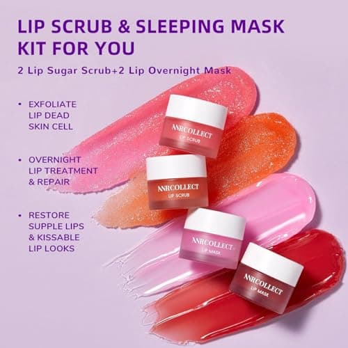 ANRCOLLECT Lip Scrub & Lip Mask - Overnight Treatment Lip Care Kits with 2 Lip Exfoliator & 2 Sleeping Lip Balm, Intense Hydration Lip Set for Dry Chapped Cracked Lips, Exfoliate & Moisturize (4 Pack) - Thumbnail 2