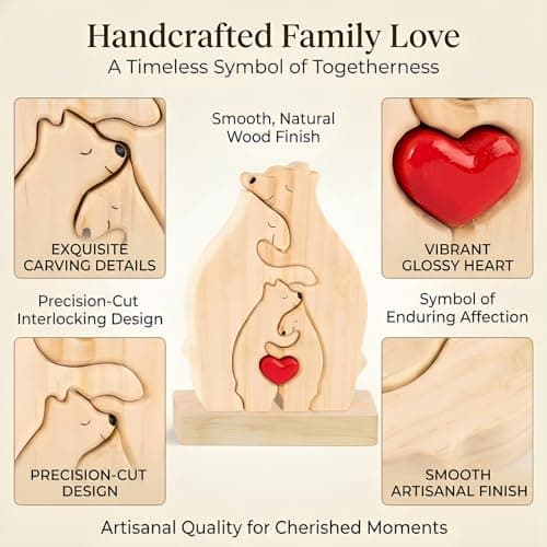 Personalized Wooden Bears Family Puzzle with Heart Decorations, Blank Bear Sculptures with Base for Home Decor, Housewarming Birthday Gift for Parents (4 Bears) - Thumbnail 4