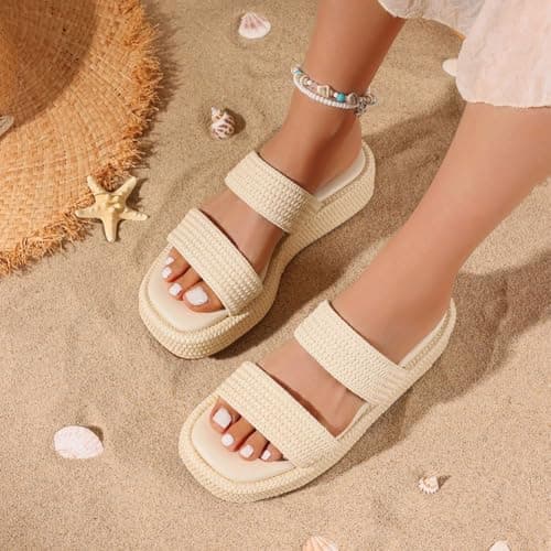 Erocalli Summer Beach Sandal Cute Espadrilles for Women Open Toe Slides Platform Wedge Raffia Sandals Slip on Beige Dressy Trending Vacation Shoes Beach Vacation Essentials - Thumbnail 4