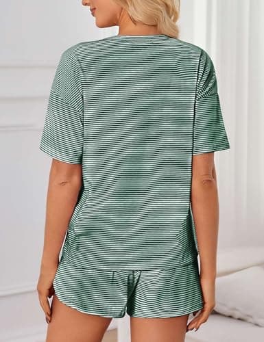 JUSTFASHIONNOW Womens Pajama Sets Shorts Striped Print Two Piece Lounge Sets Crew Neck Sleepwear Soft Pjs Split Shorts Set Summer Cute Pajama Sets for Women Green S - Thumbnail 5