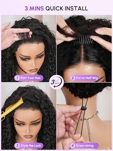 shangyinfa T1B/99J Water Wave Half Wig Human Hair | Drawstring Flip Over 3-In-1 Wig | Secure Fit with 4C Edges | Beginner Friendly | Slay 3B/3C Curls At The Gym | No Slip, No Glue | 22 Inch - Thumbnail 3