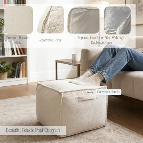 Ottoman Foot Rest Square Pouf with Side Handles - Soft Fabric with Storage, Easy to Move for Living Room, Home Decor & Daily Lounging,A Square Modern Foam Filled Foot Stool Perfect to Rest Your Feet - Thumbnail 5