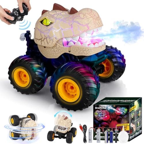 Drefirsa Dinosaur Remote Control Car for Kids Ages 3-5 6-12, Remote Control Monster Truck with Spray, Light, 360° Rolling&90° Driving, All Terrain Dinosaur Toy for Boys Birthday Gift - Image 1