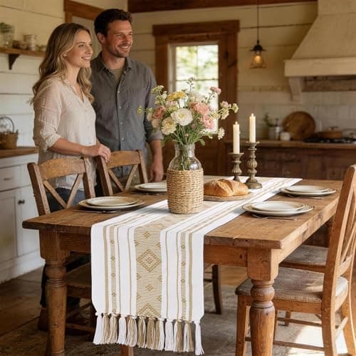 yuboo Boho Table Runner 72 Inches Long, Cream Woven Jacquard Table Runner with Tassels, Neutral Farmhouse Rustic Dresser Runner Decor for Dining Room, Bridal Shower (Geometric Moroccan) - Thumbnail 2