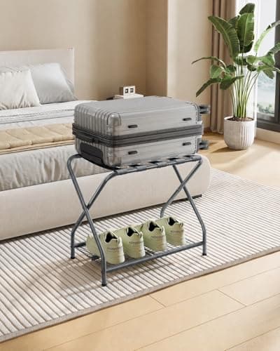 NEFROM Luggage Rack, Suitcase Stand with Storage Shelf, Foldable Metal Luggage Holder for Guest Room, Bedroom, Hotel LR-GY-1 - Image 1