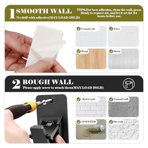 No Drill Curtain Rod Brackets, Universal Curtain Rod Holder, 2 Pack Self Adhesive Curtain Rod Bracket Heavy Duty 30 LB, Nail Free Curtain Rod Bracket for Bathroom, Bedroom, Livingroom, Kitchen, Black - Thumbnail 5