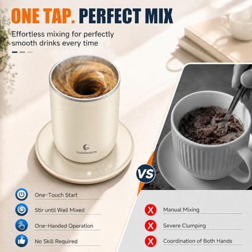 Self Heated Stirring Coffee Mug, 10oz Auto Mixing Cup with Warmer, White - Thumbnail 2