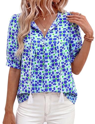 PRETTYGARDEN Womens Summer Boho Tops 2026 Vacation Outfits Casual Tie Front V Neck Peasant Blouses Puff Short Sleeve Shirts(Floral Blue Green,X-Large) - Image 1