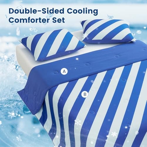 Snuggle Sac Mediterranean Stripe Cooling Comforter Twin Size Set, Q-Max ＞0.45 Cooling Blanket for Hot Sleepers & Night Sweats, Double-Sided Cool Tech Lightweight Breathable Summer Quilt, 68x90 Blue - Thumbnail 2