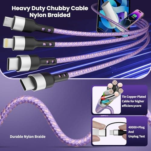 4-in-2 Dual Type-C Multi Charging Cable [2Pack-5FT], Nylon Braided Travel Essential for Airplane Cruise, USB A/C to Dual C/IP/Micro USB, Compatible with iPhone 17-8 Android iPad Galaxy Tablet - Thumbnail 4