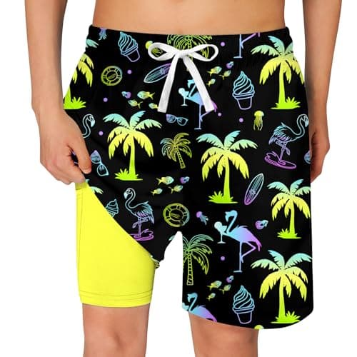 Cozople Boys Swimming Trunks with Boxer Brief Liner Palm Tree Graphic Compression Bathing Suit for Teens Summer UPF50+ Quick Dry Swim Beach Board Shorts Size 10 - Image 1