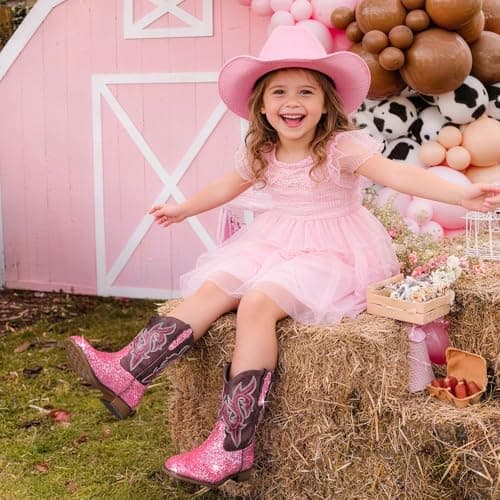 DREAM PAIRS Girls Cowgirl Boots Glitter Toddler Cowboy Boots Child Mid Calf Riding Shoes Party Birthday Dress Up for Toddler/Little/Big Kid,Size 9 Toddler,Pink,SKMB26002K - Thumbnail 2