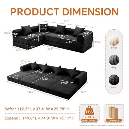 ceamorfco 112 Inch Boneless Couch Modular Sectional Sofa, Corduroy 4-Seat Cloud Couch with High Back Support Pillows, Convertible Floor Sofa Bed for Living Room and Small Spaces, Black - Thumbnail 2