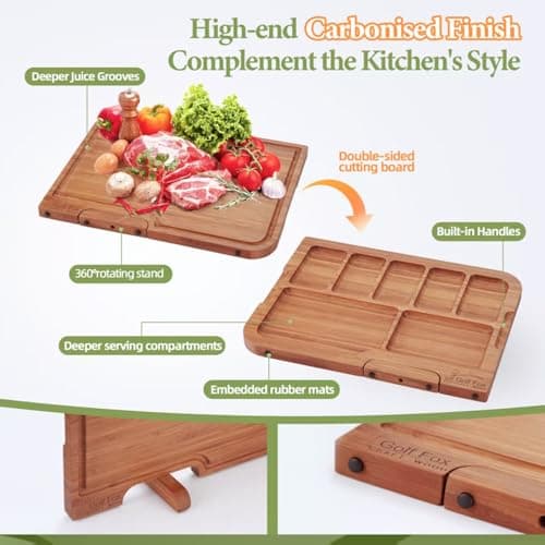 3-PCS Wood Cutting Board Set with Innovative Stand - Durable Double Sided Bamboo Cutting Board with Juice Groove & Handle for Meal Prep, Meat Charcuterie Serving, Eco-Friendly Healthy Kitchen Gift - Thumbnail 4