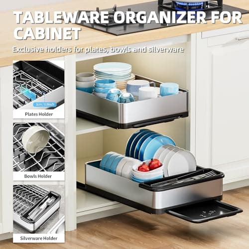Ewaiira Stainless Steel Dish Drying Rack with Drainboard, Pull Out Cabinet Organizer 12.6" Wx16.5 D, Heavy Duty Slide Out Drawers for Plates, Kitchen Cabinets Pantry Storage - Thumbnail 2