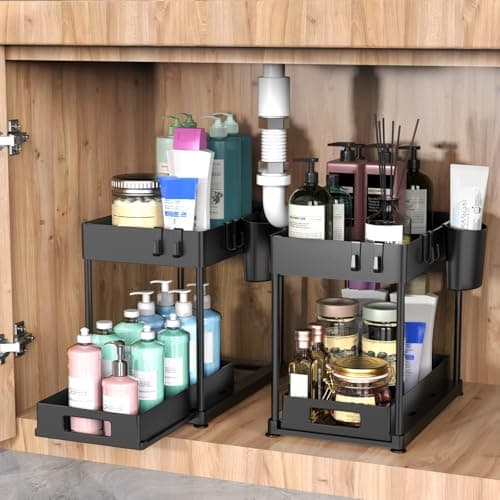2 Pack Under Sink Organizer with Pull-Out Drawer, 2-Tier Cabinet Storage for Kitchen & Bathroom, Tool-Free Assembly, Fits Cleaning Supplies & Toiletries, Space Saving for Small Cabinets, Black - Thumbnail 2
