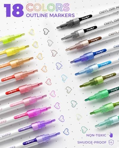 JusArt Outline Sparkle Markers, 18 Metallic Shimmer Pens for Adult Coloring, Cool Fun Drawing Supplies for Valentines Day, Easter, Christmas, Halloween - Thumbnail 6