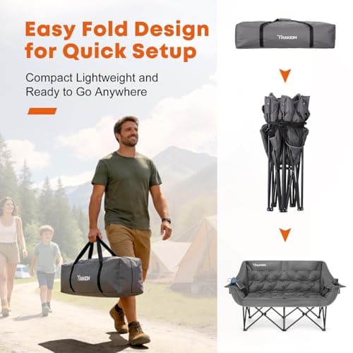 Trakiom Double Camping Chair Oversized Padded Outdoor Loveseat Chairs for Adults, Heavy Duty Folding Camping Couch with Cup Holders & Phone Pocket, 2 Person Portable Chair for Beach Lawn Patio - Thumbnail 6