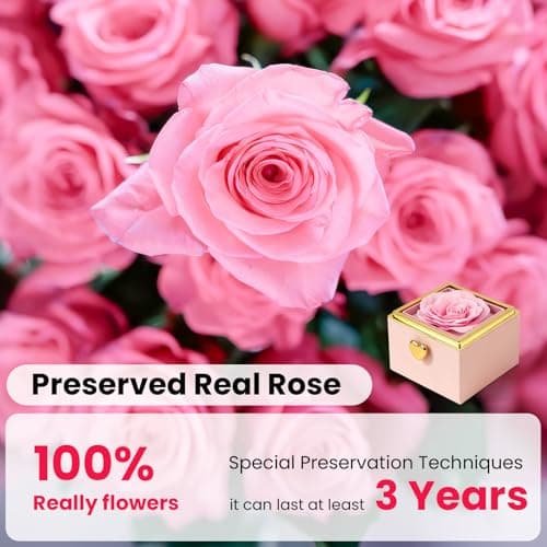 mountova Valentines Day Gifts for Her Girlfriend Wife, Flip Flower Jewelry Box With Ring Birthday Gift for Women Mom Sister, Preserved Rose Ring Box for Anniversary Wedding, Proposal, Pink - Thumbnail 2