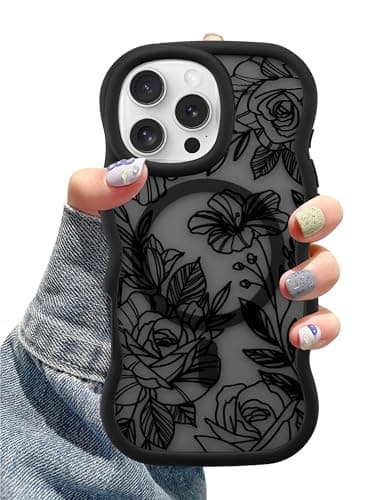 Aitipy Magnetic Case for iPhone 12 Pro Max, Compatible with MagSafe, Cute Black Flower Floral Aesthetic Soft Silicone Curly Wavy Shockproof Protective Phone Cover for Women Girls - Image 1