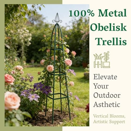 100% Metal Garden Obelisk Trellis for Climbing Plants Outdoor | Powder-Coated Steel Tall Garden Teepee Trellis | Sturdy Vertical Plant Support for Potted Plants Peas, Beans, Squash Outdoor & Indoor - Thumbnail 2