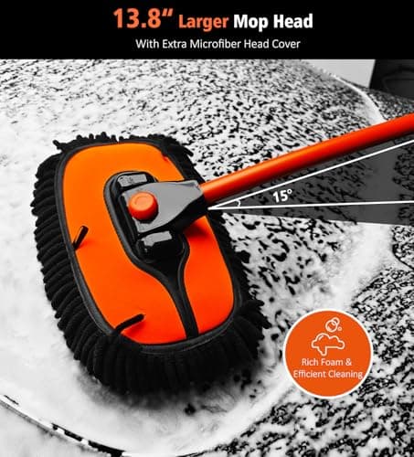 YeewayVeh Car Wash Brush, 43" Extendable Car Wash Brush Mop with Long Handle, 15 Degree Curved Soft Car Washing Brushes with Extra Microfiber Brush Head for Truck SUV Cleaning, Orange - Thumbnail 2